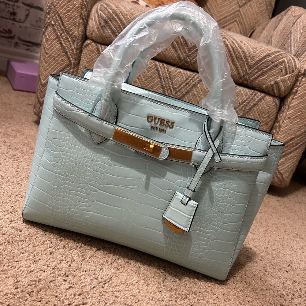 GUESS Croc-Embossed Satchel in Light Blue